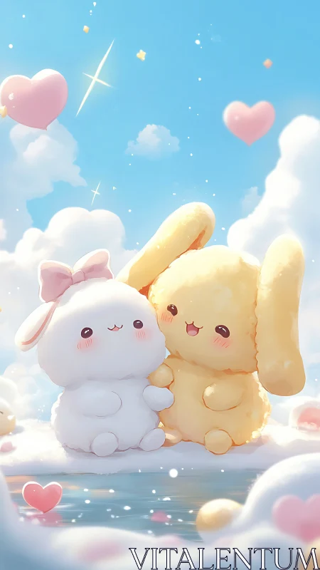 Kawaii cloud bunnies by reflective pool in pastel skyscape