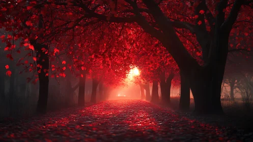 Scarlet forest path glows softly beneath a fading autumn sun