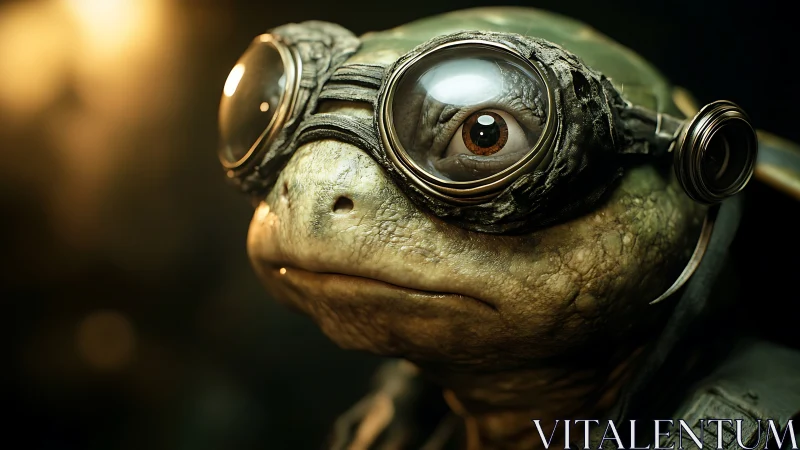 Close-up view of anthropomorphic turtle in flight goggles.