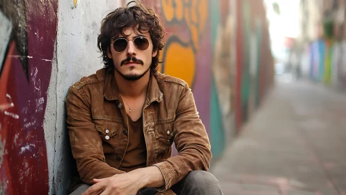 Urban portrait captures man in suede jacket against graffiti alley wall