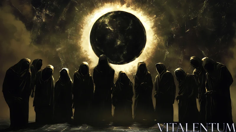 Eclipsed sky gathers hooded figures in a solemn circle