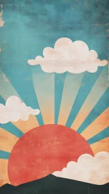 Retro sunrise illustration uses flat geometry and muted tones