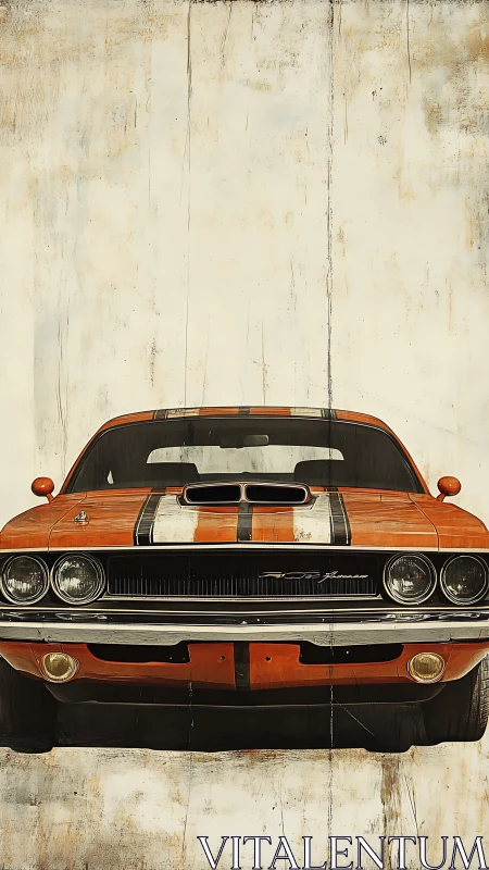 Vintage orange muscle car idol under weathered gallery sky.