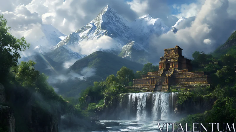 Ancient jungle temple above cascading waterfall and peaks.