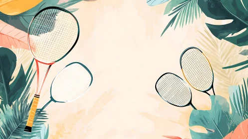 Badminton rackets with tropical leaves on pastel ground.