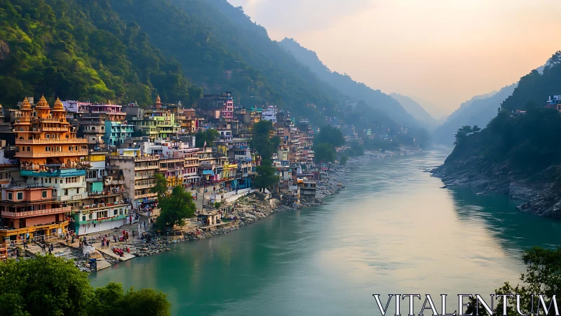 Colorful riverside town with temples along mountain gorge.