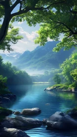 Tranquil forest river winding below misty green mountains.