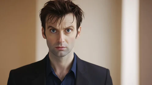 Tight depth portrait captures startled man in dark blazer