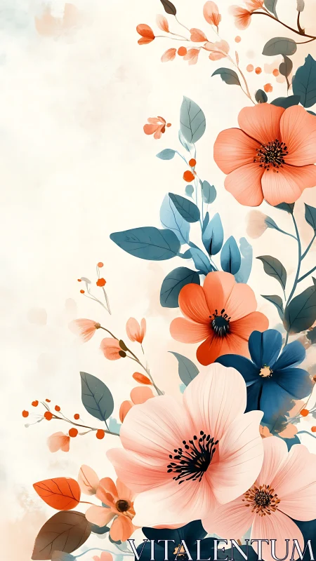 Watercolor Floral Arrangement with Coral Blooms.