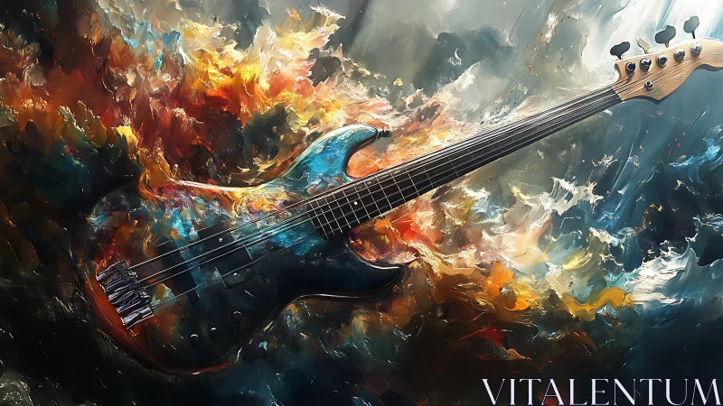 Explosive electric bass guitar surges through vivid cosmic color.
