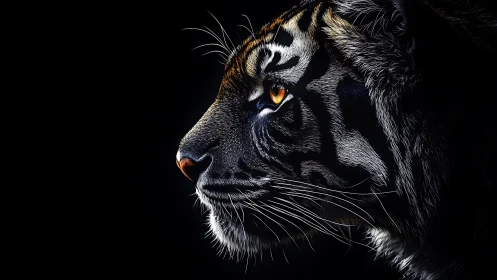 Golden-eyed tiger gazes calmly into the deep black night