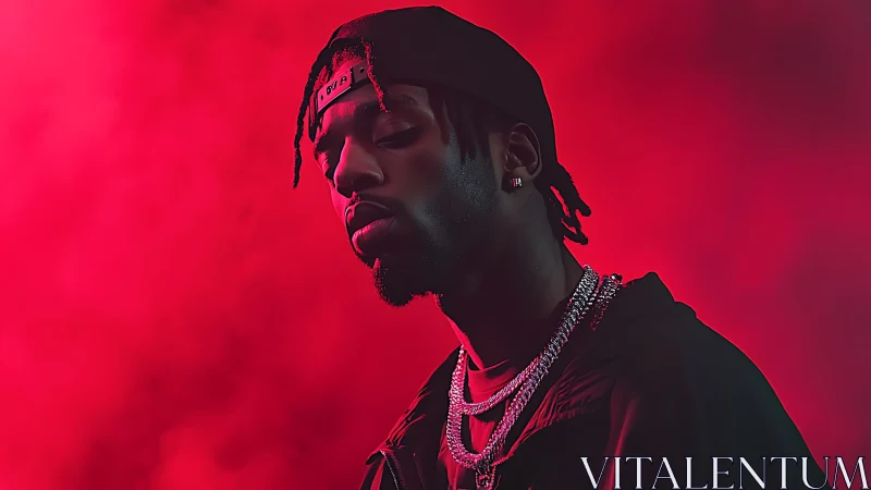 Moody rap king drifting through neon red twilight haze.