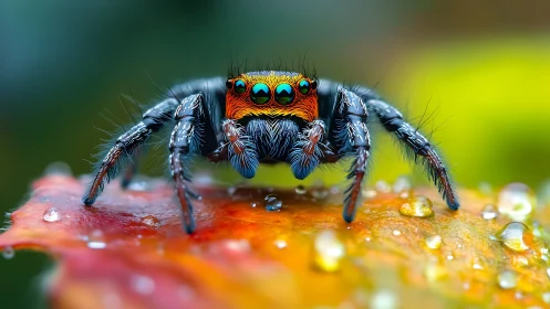 Iridescent jumping spider macro on dew covered autumn leaf