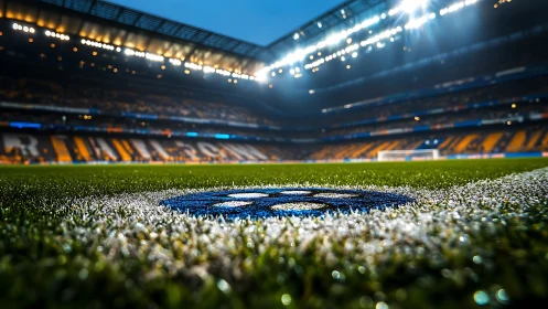 Low-angle stadium pitch study with emblematic center circle.