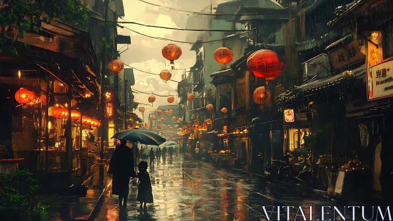 Lantern-lit rain street where quiet umbrellas share secrets.