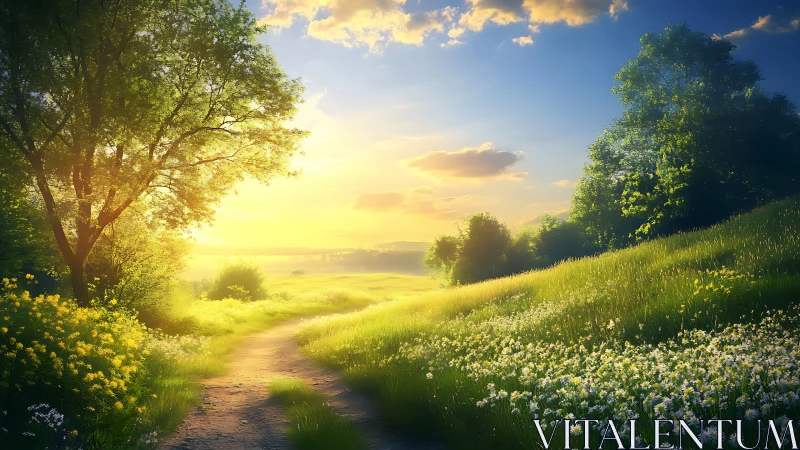 Sunlit country path curves through tranquil flowering meadow