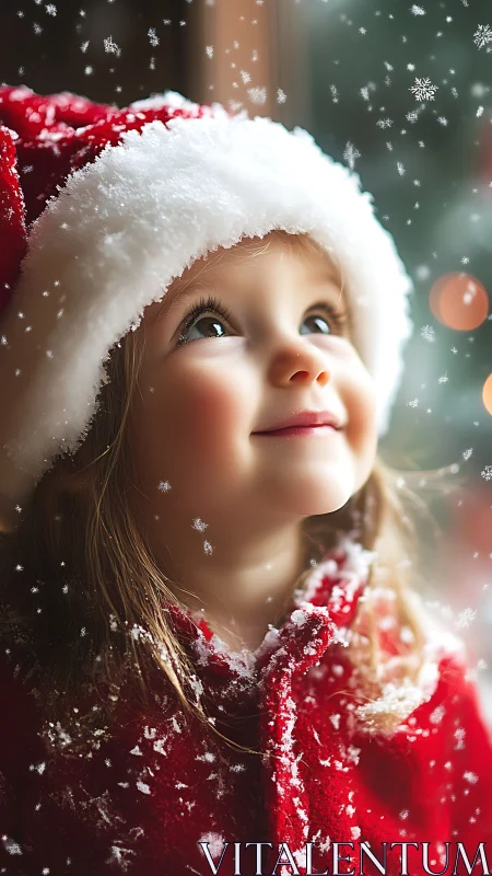 Child’s magical smile under softly falling holiday snow.