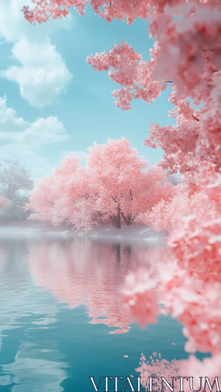 Cotton-candy cherry grove drifting above glassy skywater.