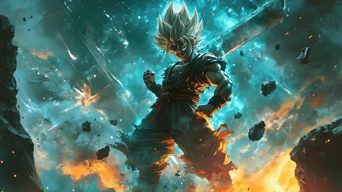 Blazing warrior stands strong in a storm of cosmic energy