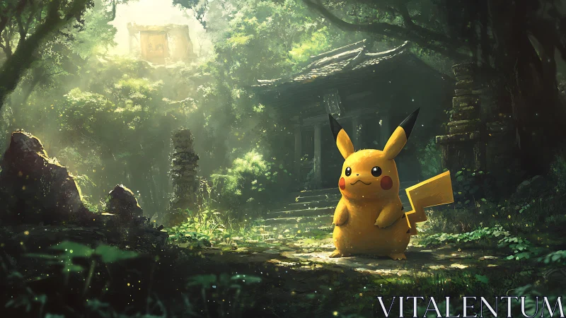 Pikachu explores a mossy forest shrine in soft morning light.