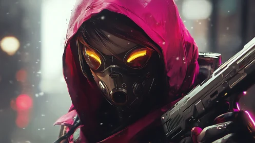 Cyberpunk assassin portrait with neon hooded visor focus.