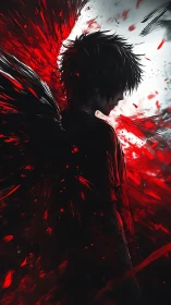 Dark winged figure in red and black abstract chaos scene.