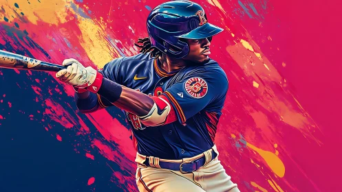 Baseball batter swings bat against vivid abstract background