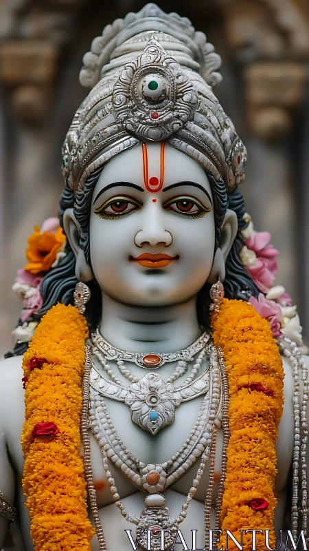 Serene Hindu deity statue adorned with marigold garlands.