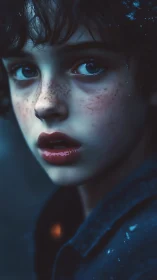 Moody close-up portrait of freckled child in cold light.