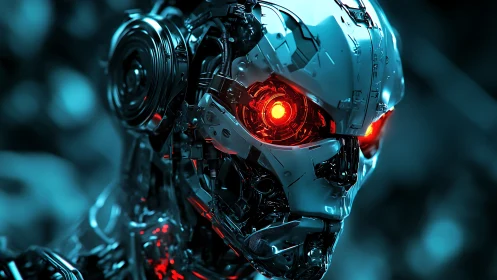 Cybernetic skull with glowing red optics in teal bokeh.
