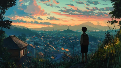 Solitary student overlooking sunlit suburban valley at dusk