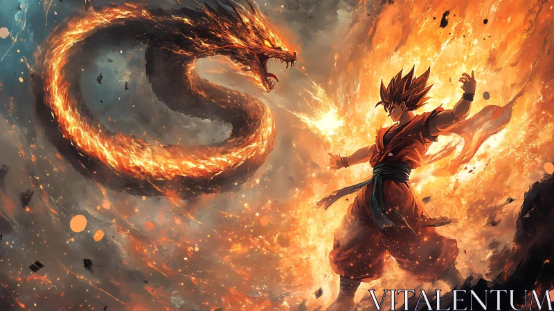 Fiery warrior confronts coiled dragon in explosive sky