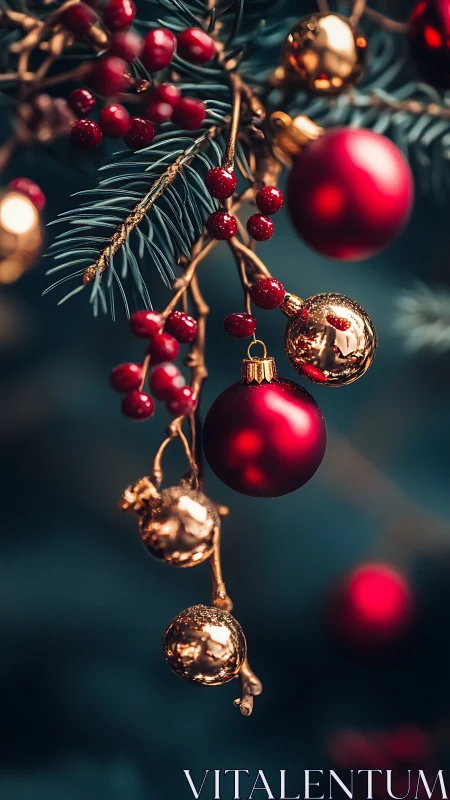 Red and gold baubles hang from fir branch with red berries