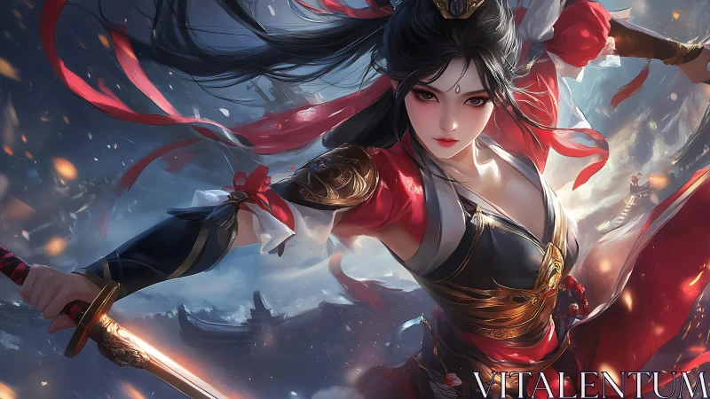 Bladed whirlwind of crimson grace cleaves through stormed skies