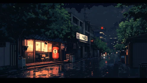Rain-soaked Tokyo alley glows under soft lantern light.