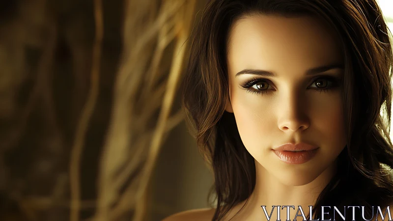 Close-up portrait of young woman in soft warm lighting.