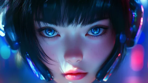 Neon-eyed cyber girl portrait with reflective headset lighting.