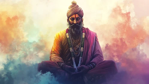 Meditating sage floating in soft clouds of radiant color.