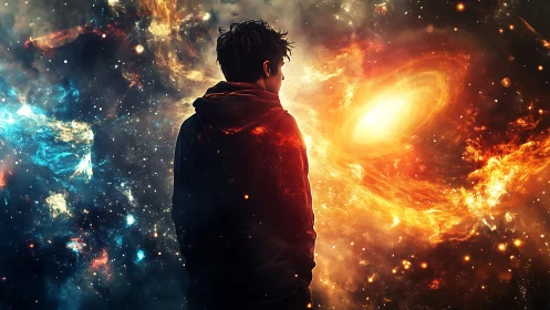 Backlit male silhouette studies twin nebulae in high-contrast space