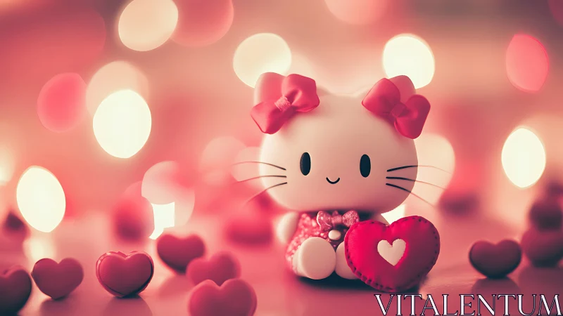 Kitty Whispers Love Through Crimson Hearts and Golden Bokeh