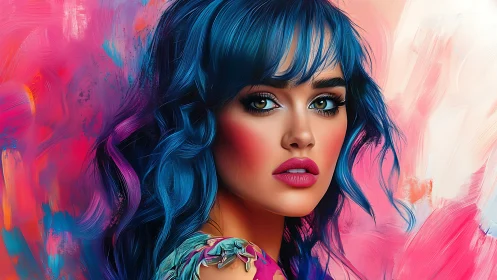 Blue haired muse in a vivid swirl of pink and coral light.