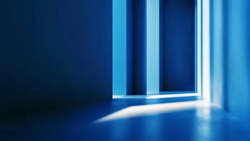 Minimal blue corridor with strong geometric light and shadow