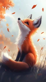 Gentle autumn fox basking in drifting golden leaves.