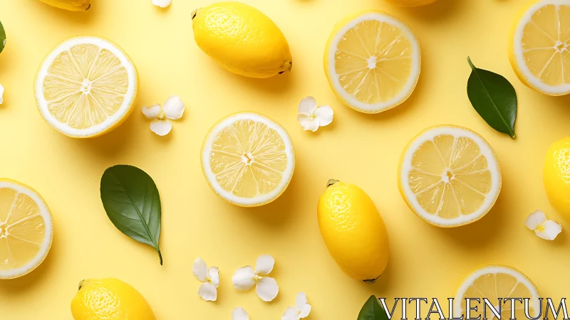 Lemon slices and whole fruit on bright yellow backdrop.