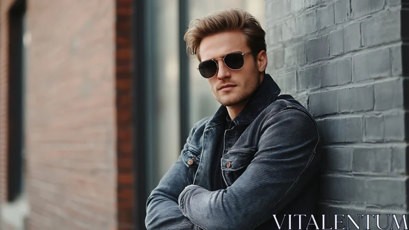 Man in denim jacket wearing sunglasses against urban wall.