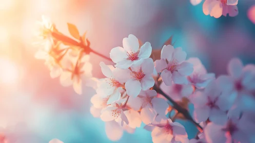 Cherry blossom flowers with selective focus and color gradient background.