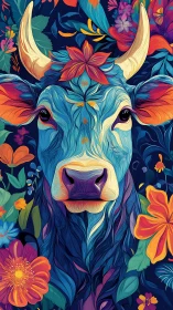 Floral crowned cobalt cow gazes through a neon midnight garden