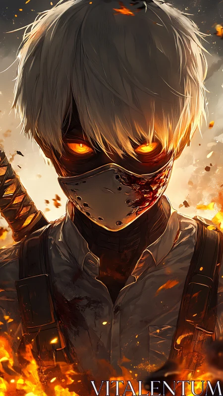 Masked swordsman stands amid blazing embers and chaos.