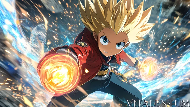 Charging blond hero unleashes twin blazing energy fists.