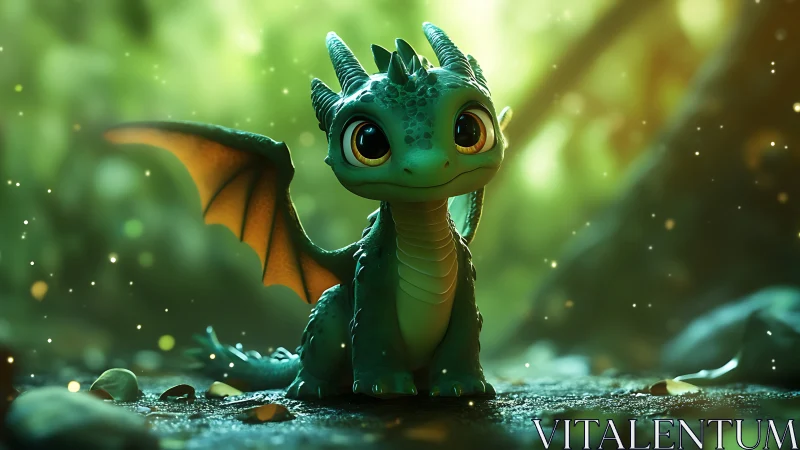 Small stylized green dragon rendered in soft forest lighting